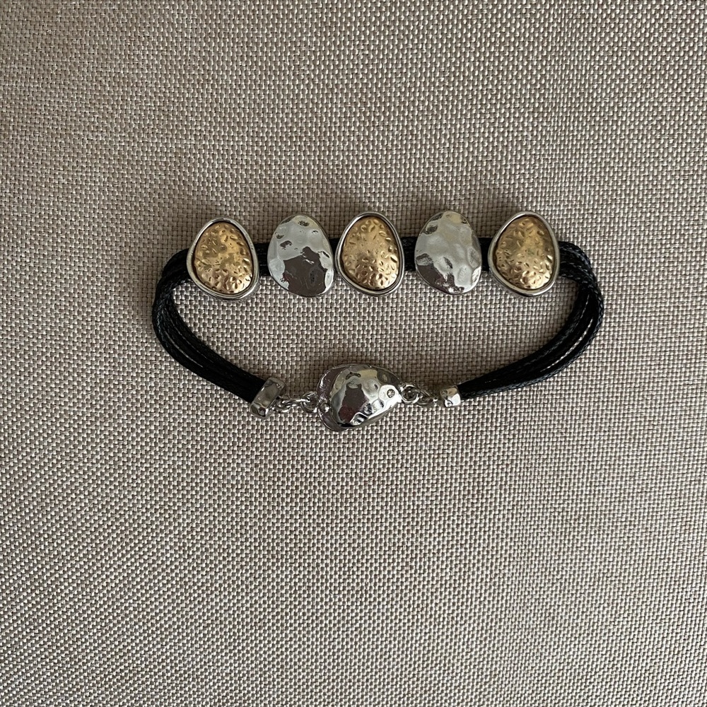Vintage 90s Mixed Metal Bracelet Gold Silver Hammered Link Black Cord Bracelet